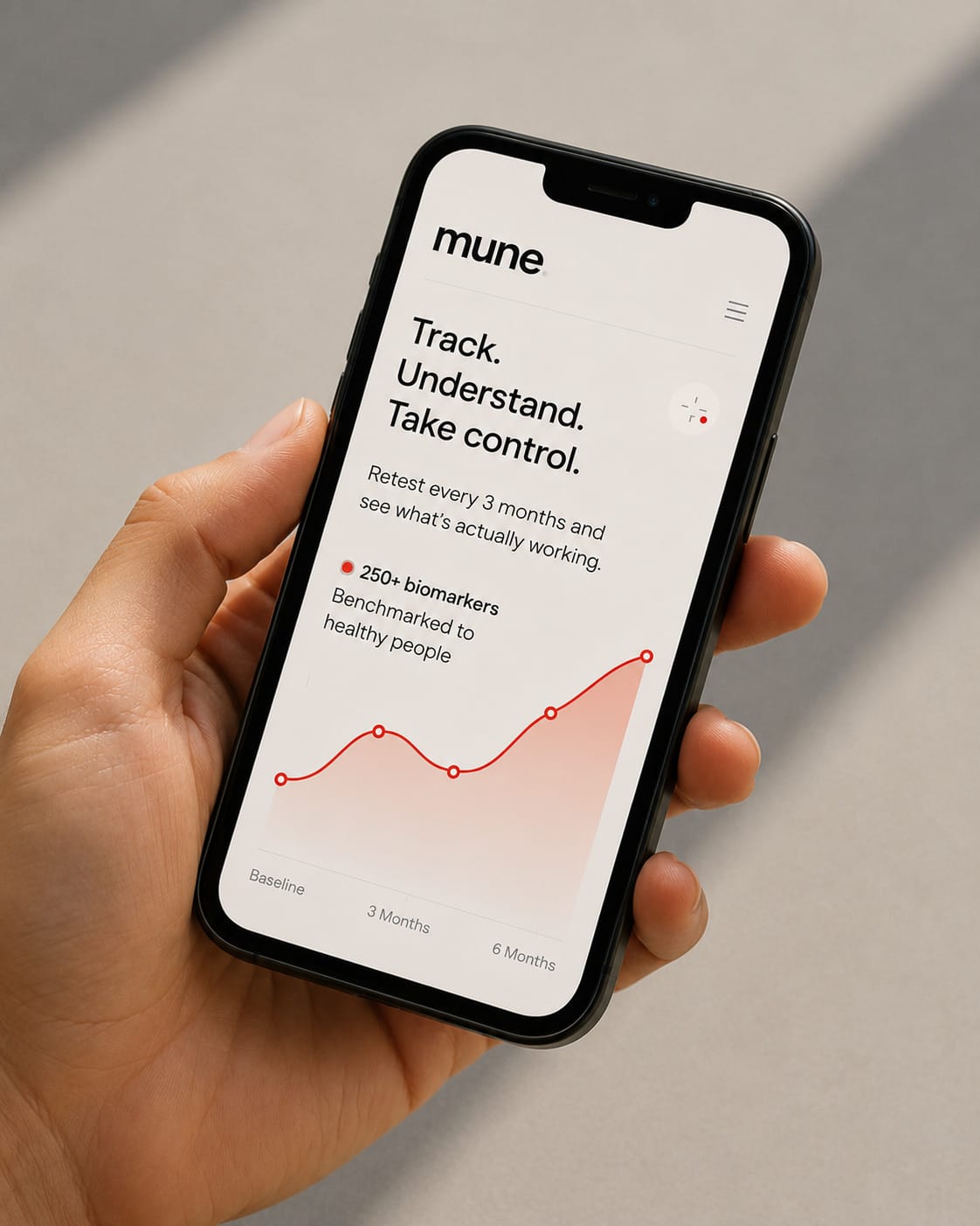 The Mune report open on a phone, showing a marker trend against the optimal band