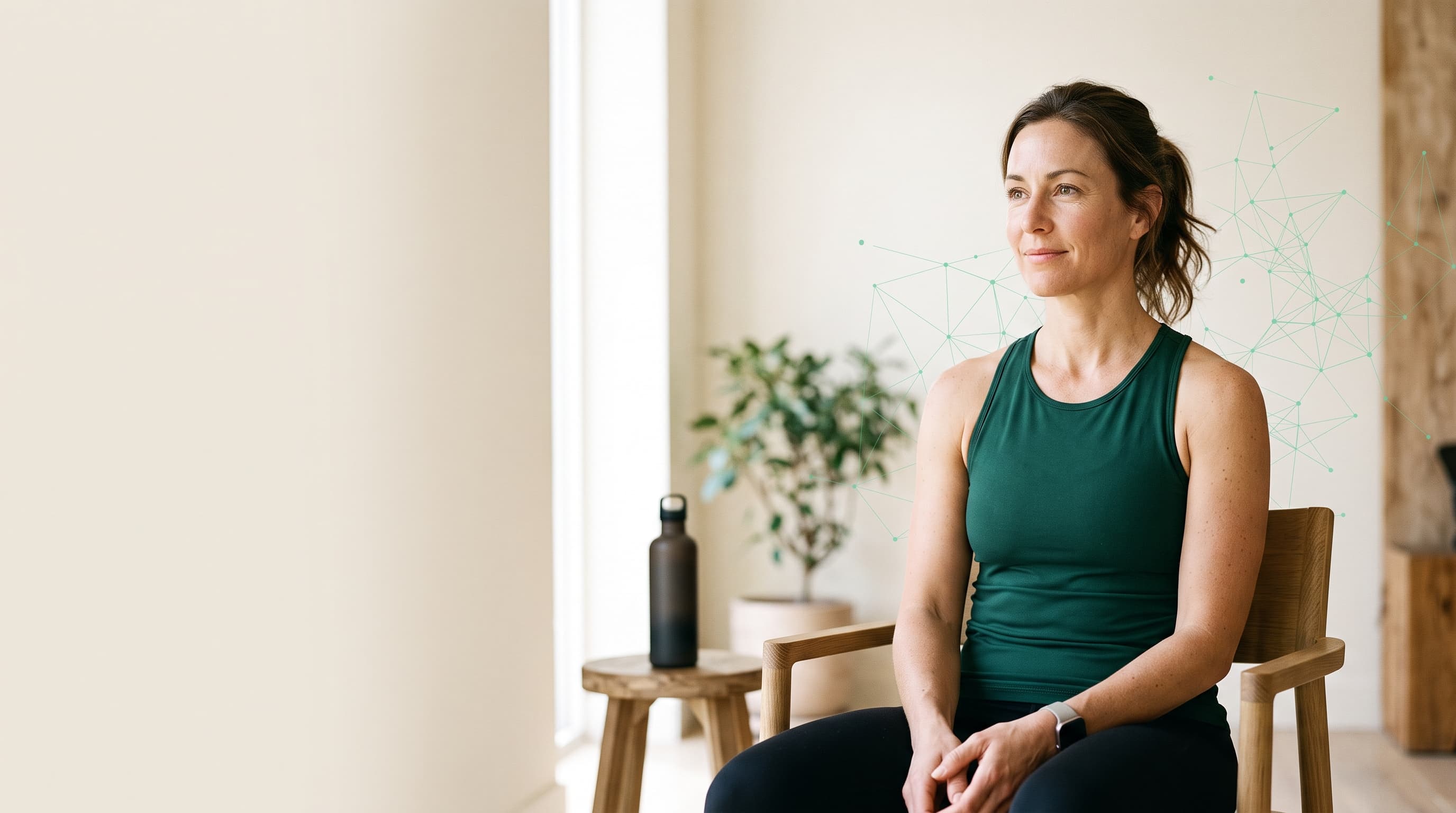 A healthy person resting in soft morning light after training, with a subtle molecular overlay